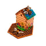 A small Bee hive scene with an articulated lid, wooden 3D card