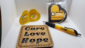Care Love Hope: Letterbox gift- Coaster, Beatson Car Air Freshener, Pen & Pin Badge
